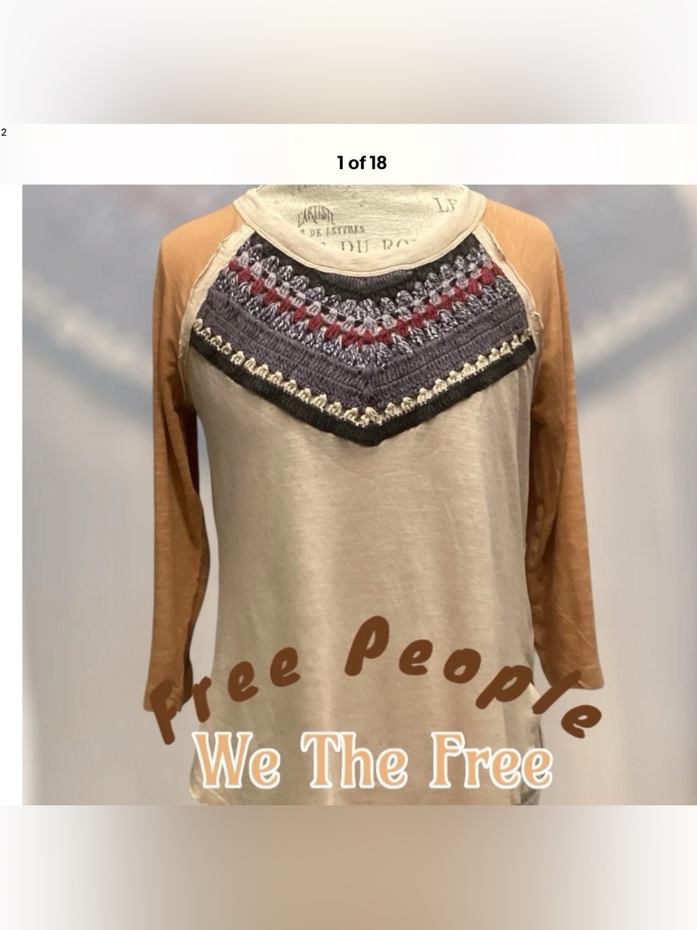 Free People We The Free XS Top Crochet Neck 3/4 Sleeve Tan, Ivory, Multi